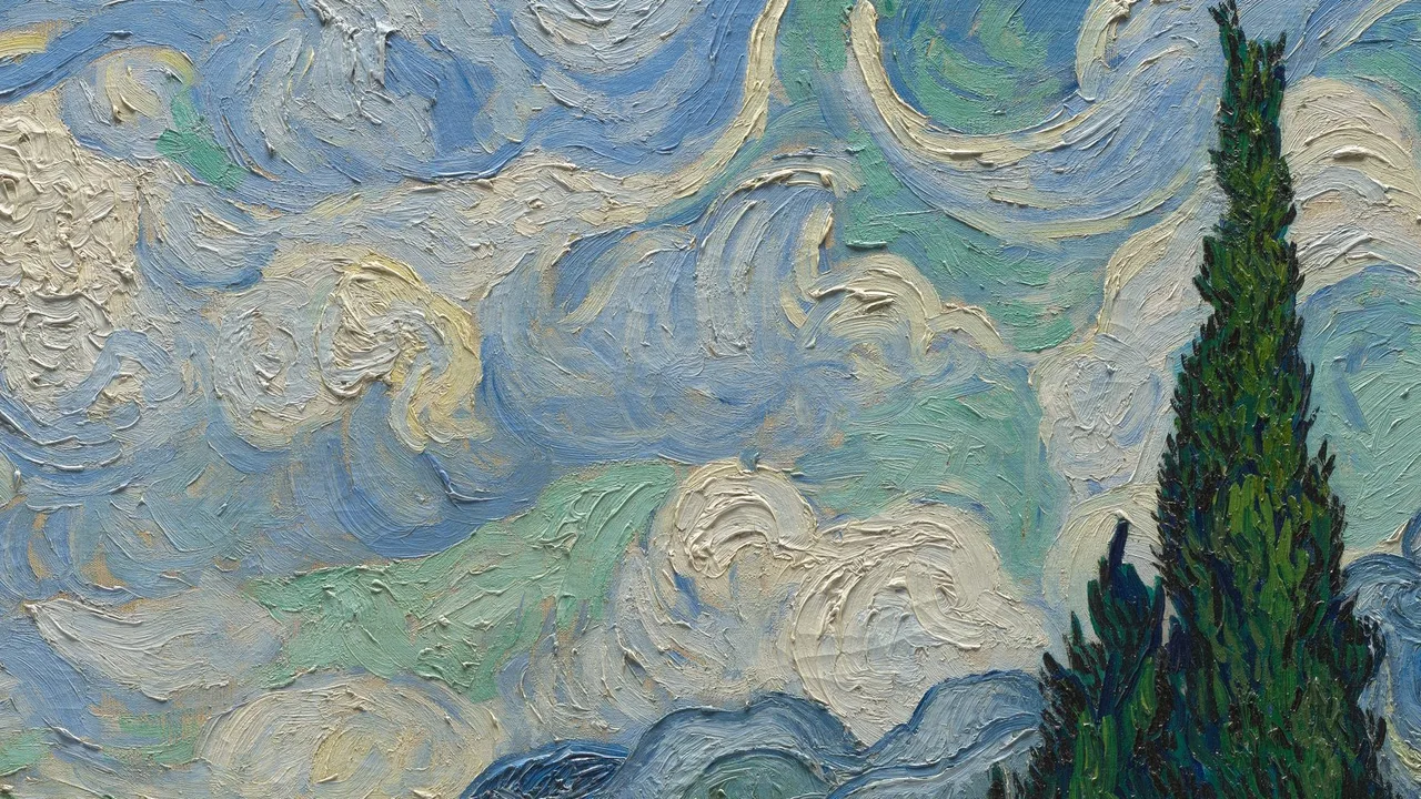 Detail of Van Gogh's Wheat Field with Cypresses, close enough to see the ridges of paint