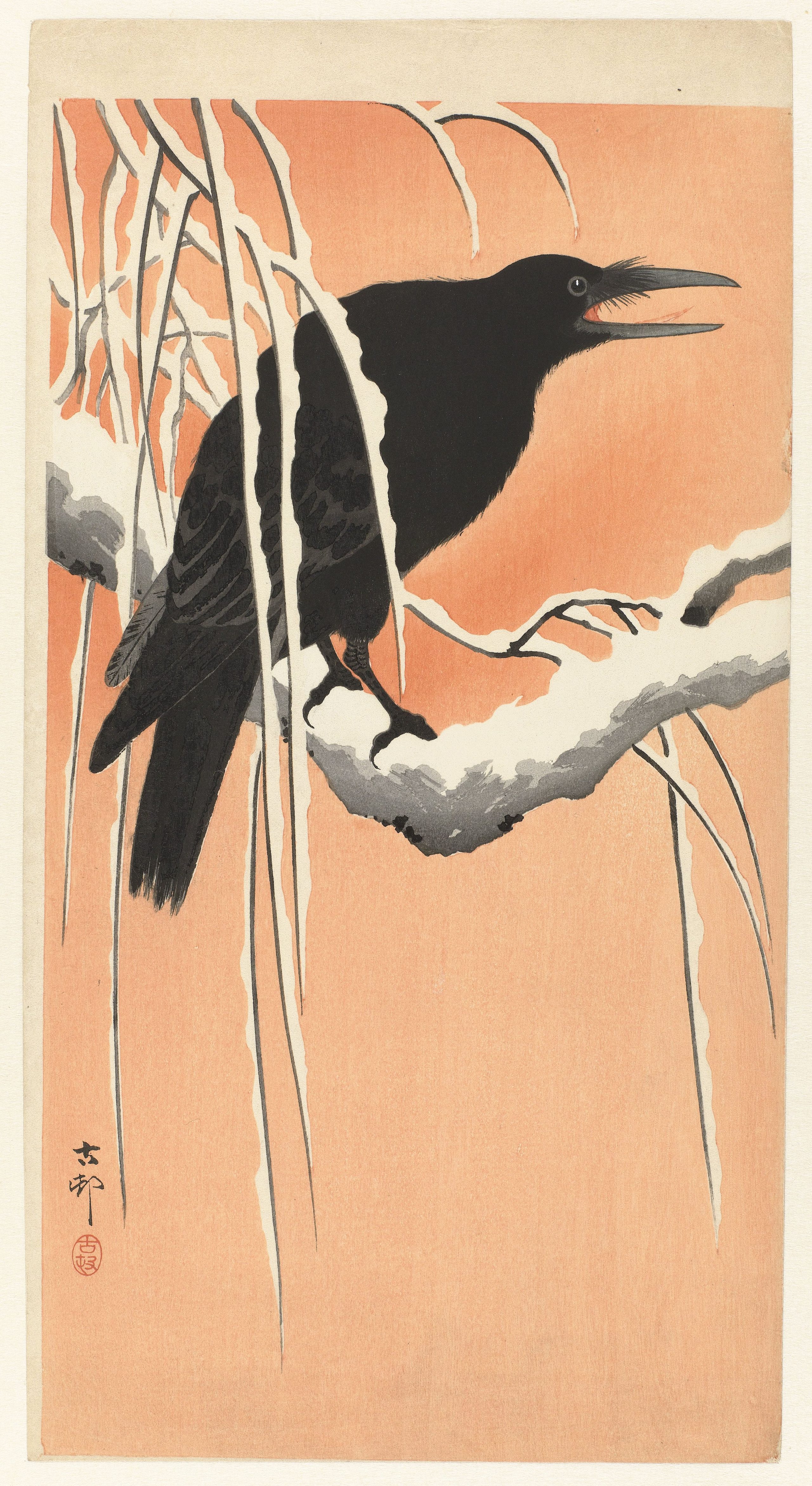 Crow on a Snowy Branch by Ohara Koson